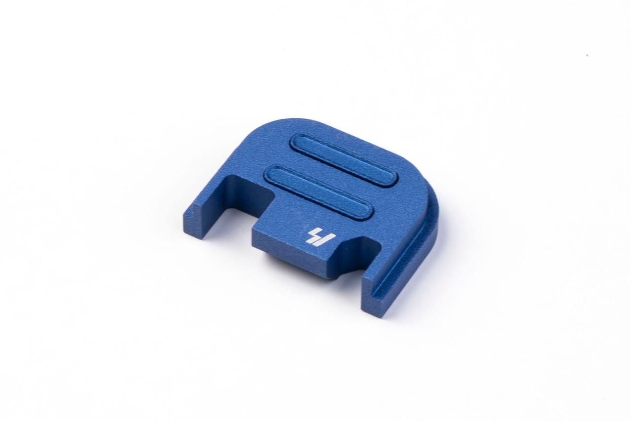 Strike Industries SI-GSP-V2-BLU Slide plate for Glock V2 in Blue, blue slide plate for Glock pistol with a sleek design and textured surface.