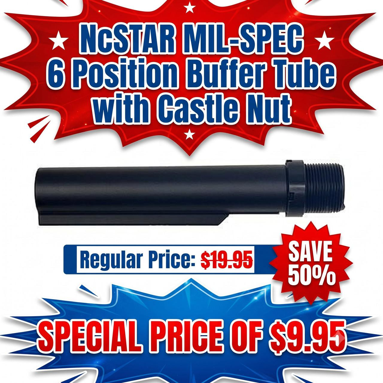 NcStar NcSTAR VG137 MIL-SPEC 6 Position Buffer Tube with Castle Nut, black metal firearm component for rifle stocks.