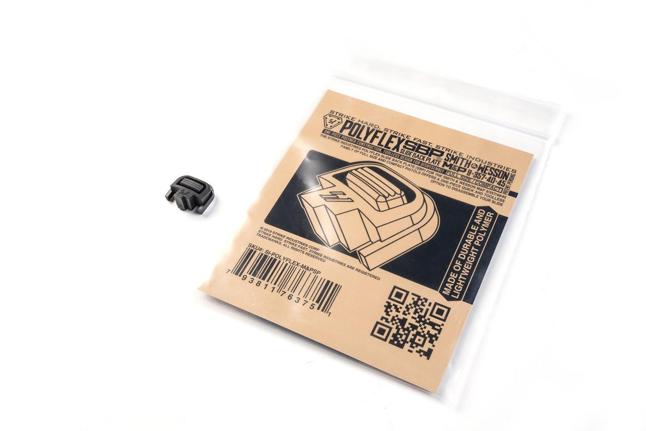 Strike Industries SI-POLYFLEX-M&PSP PolyFlex Slide Back plate for M&P, black plastic back plate with packaging and QR code.