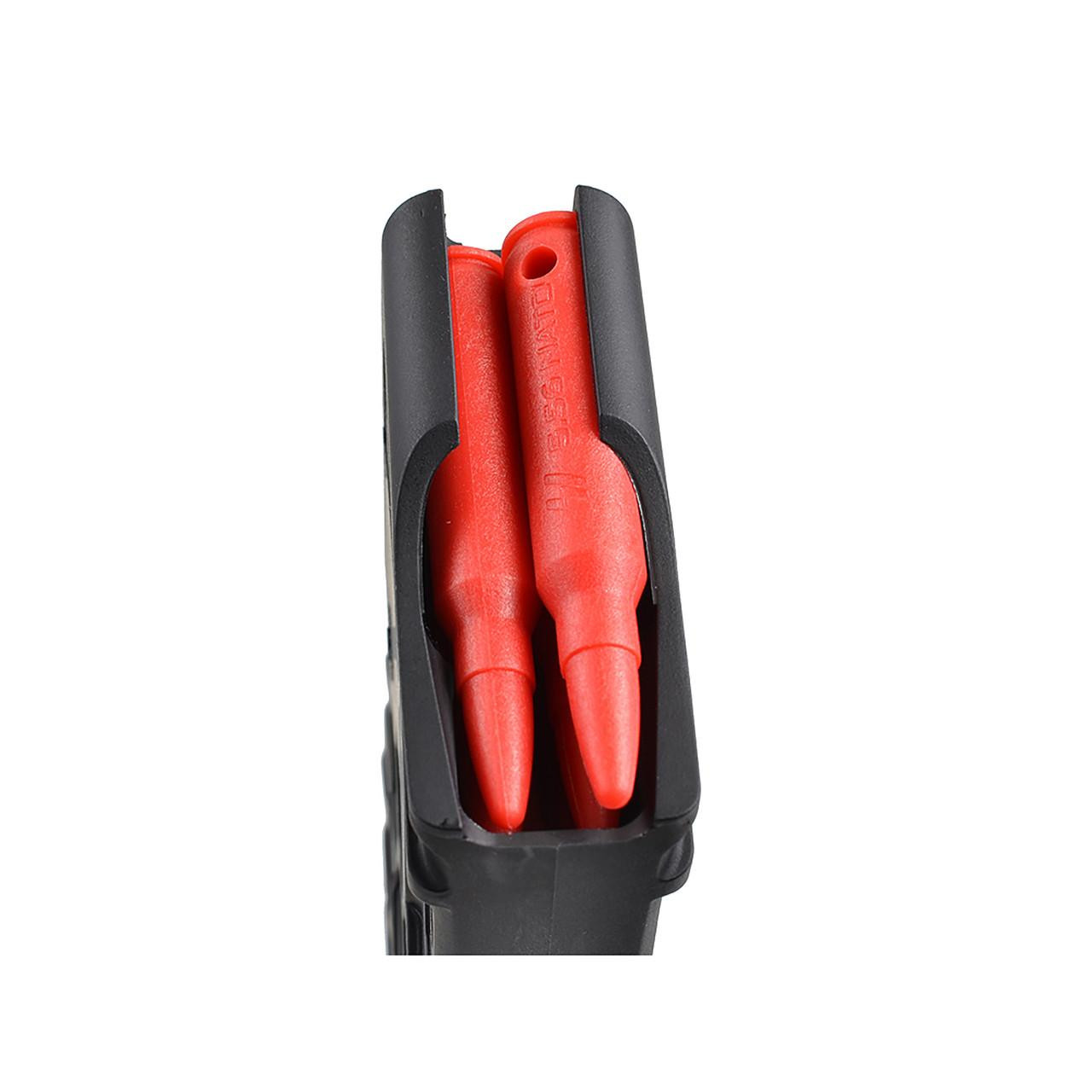 Strike Industries SI-DR-762x39 Dummy Rounds, set of 5 red training ammunition rounds for 7.62x39mm caliber in a black plastic holder.