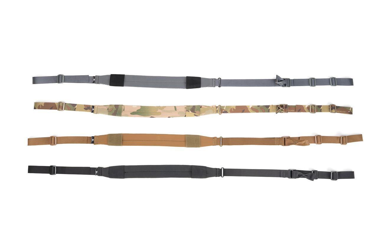 Strike Industries SI-S3-SLING-LITE-CB S3 Sling Lite Silent Strategic System in Coyote Brown, tactical slings in multiple colors including gray, camouflage, tan, and black, laid out flat.