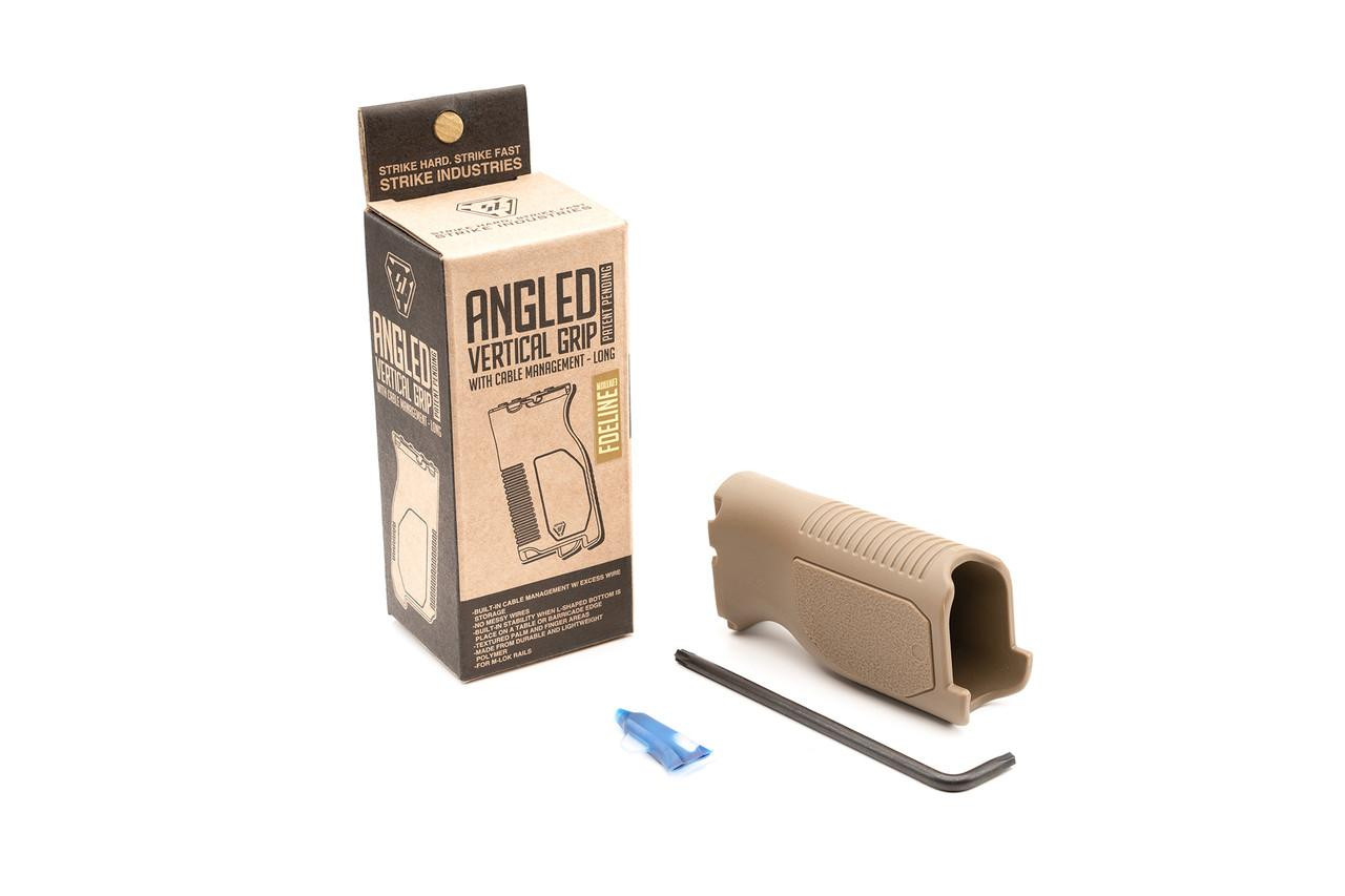 Strike Industries SI-AR-CMAG-L-FDE Angled Vertical Grip with Cable Management System(M-LOK) - Long in FDE, gun grip, with cable management system, tan color, packaged with tools and instruction.