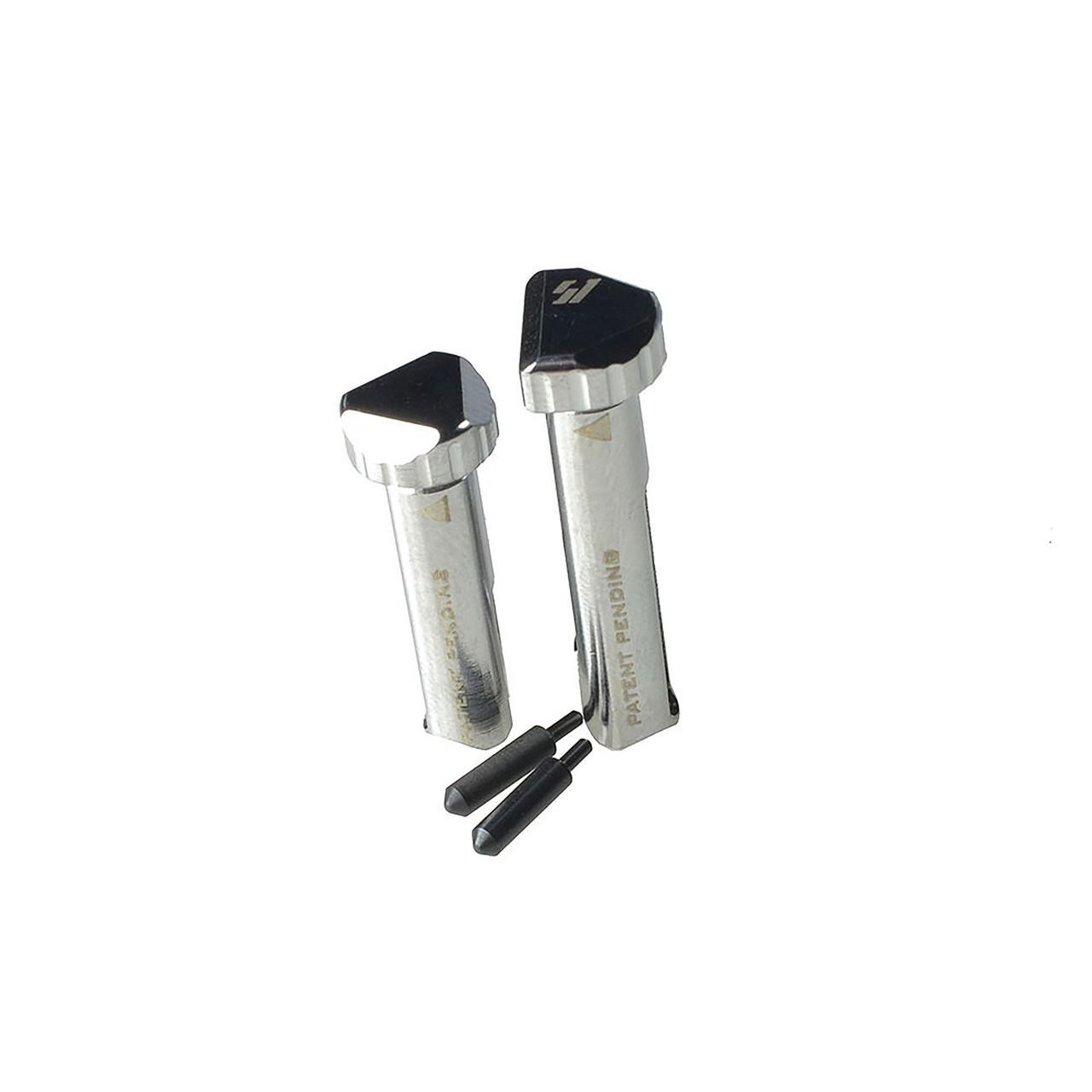 Strike Industries SI-AR15-Shift-CC 223/5.56 Rifle SHIFT Pins in Chrome Coating, two metal rifle shift pins with black removal tools.