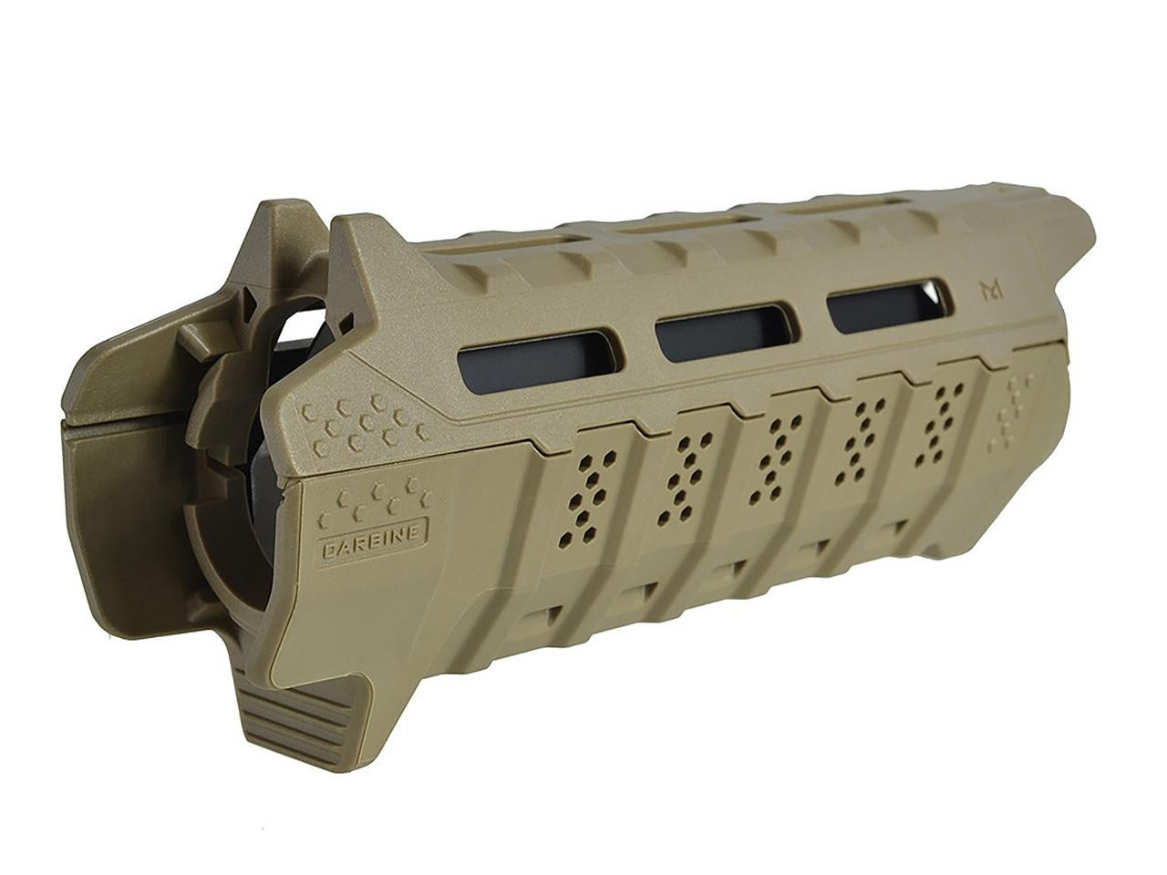 Strike Industries SI-STRIKE-HG-CFDE-BK Carbine Length-FDE Handguard with Black heat shield, tan-colored, tactical design, multiple ventilation slots, and ergonomic grip features.