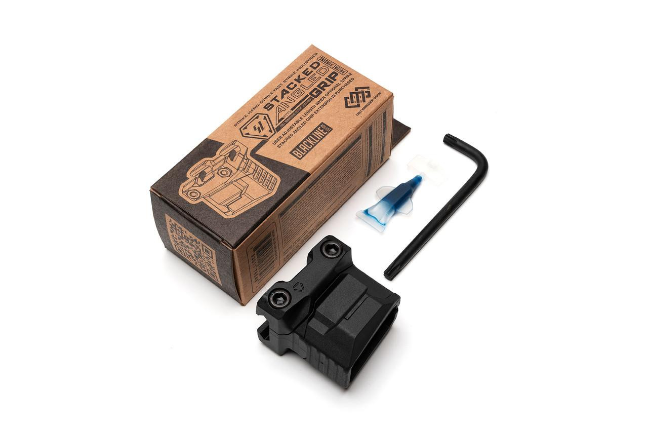Strike Industries SI-AR-CMS-PSAF-BK Stacked Angled Grip with Cable Management System (Picatinny) in Black, shown with packaging, hex key, and accessories on a white background.