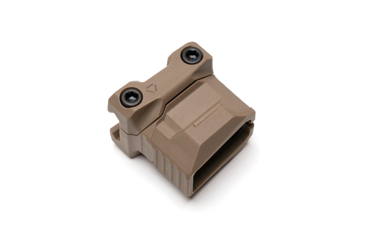 Strike Industries SI-AR-CMS-PSAF-FDE Stacked Angled Grip with Cable Management System (Picatinny) in FDE, tan-colored tactical firearm accessory for improved grip and cable organization.