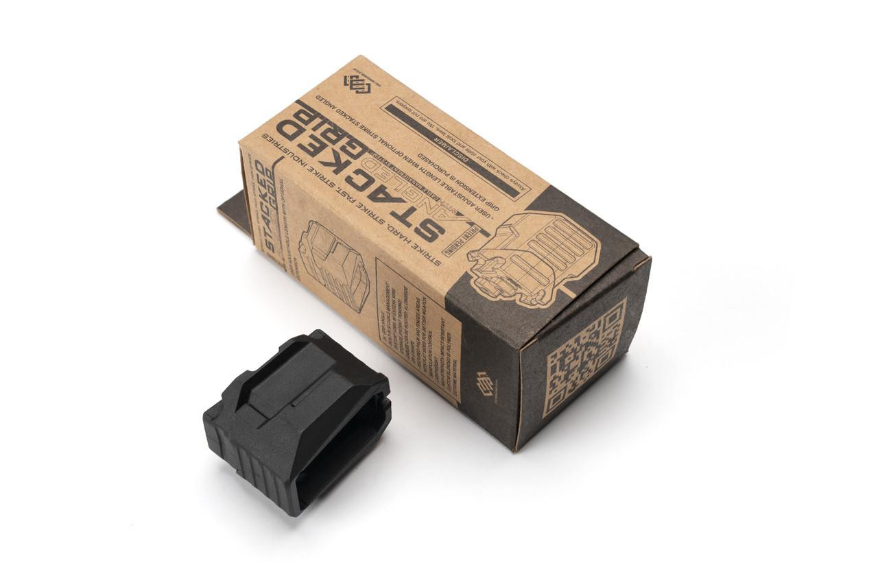 Strike Industries SI-AR-CMS-SAF Stacked Angled Grip with Cable Management System (M-LOK) in Black, showing the grip and its packaging.