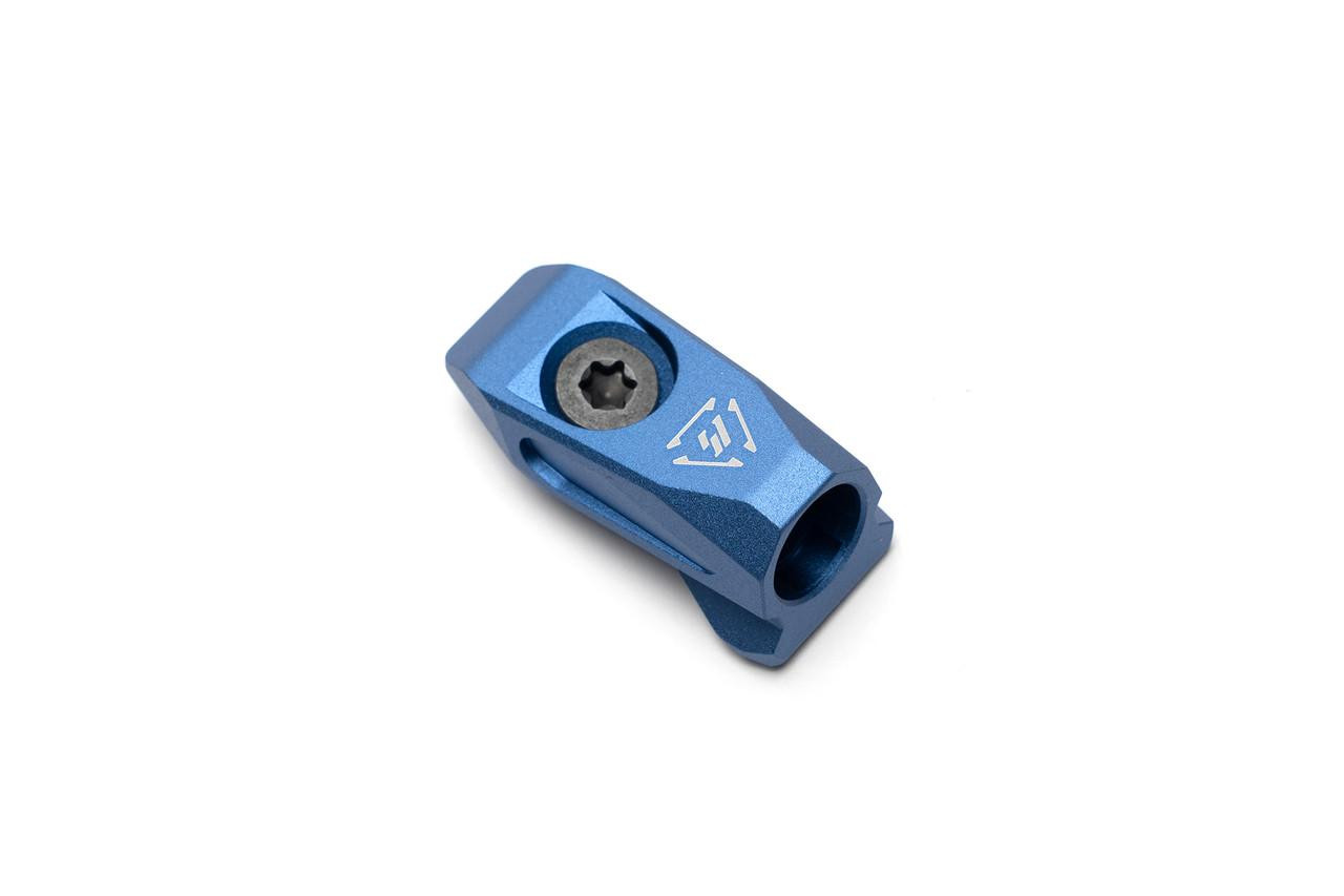 Strike Industries SI-LINK-AQD-BLU LINK Angled QD Mount in Blue, a compact anodized blue anodized aluminum tactical rifle accessory with a quick detach lever for secure attachment.