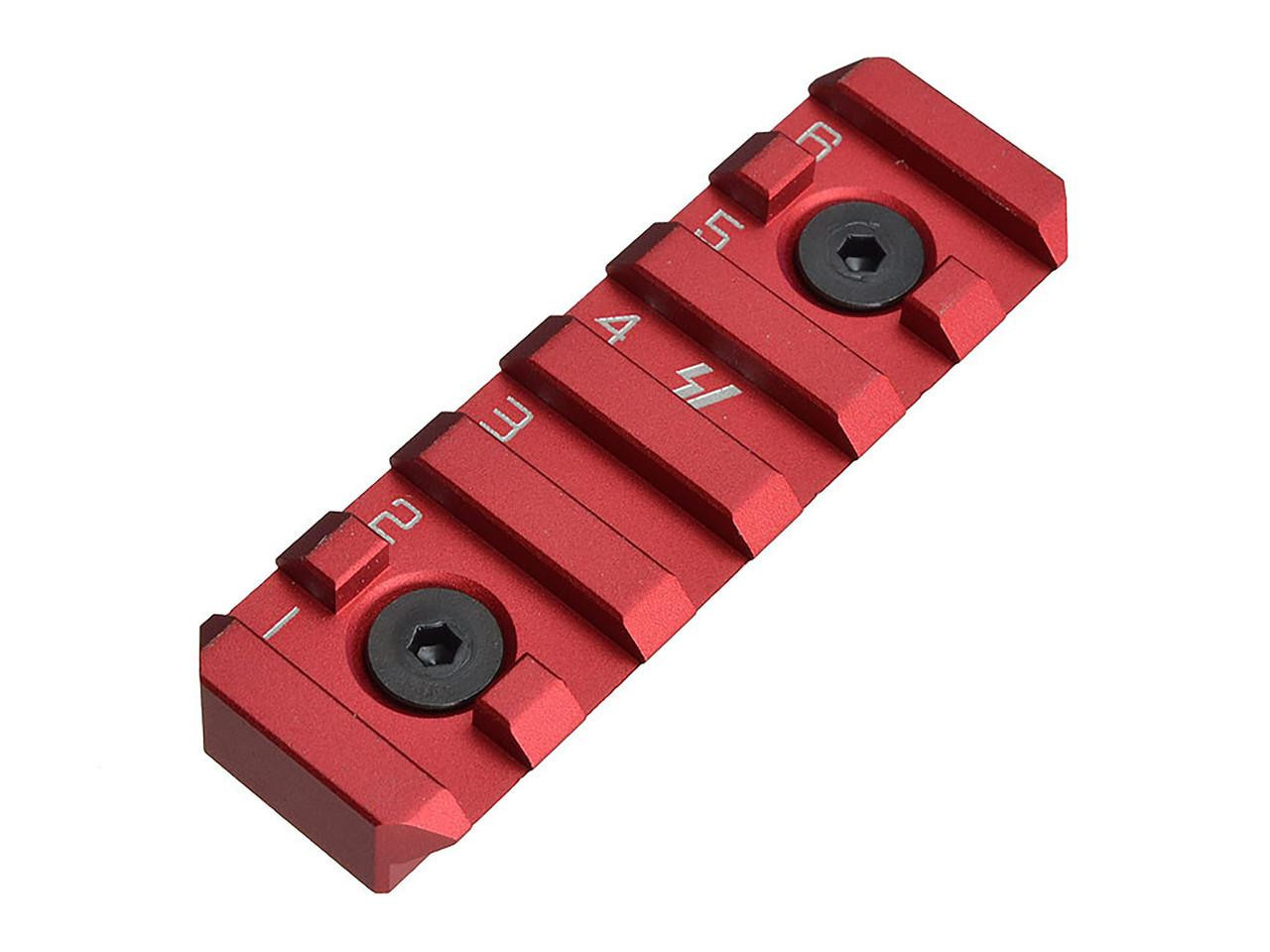 Strike Industries SI-LINK-RS-6-RED Link Rail Section 6 Slots, red aluminum rail section with numbered slots for KeyMod and M-Lok mounting surfaces.