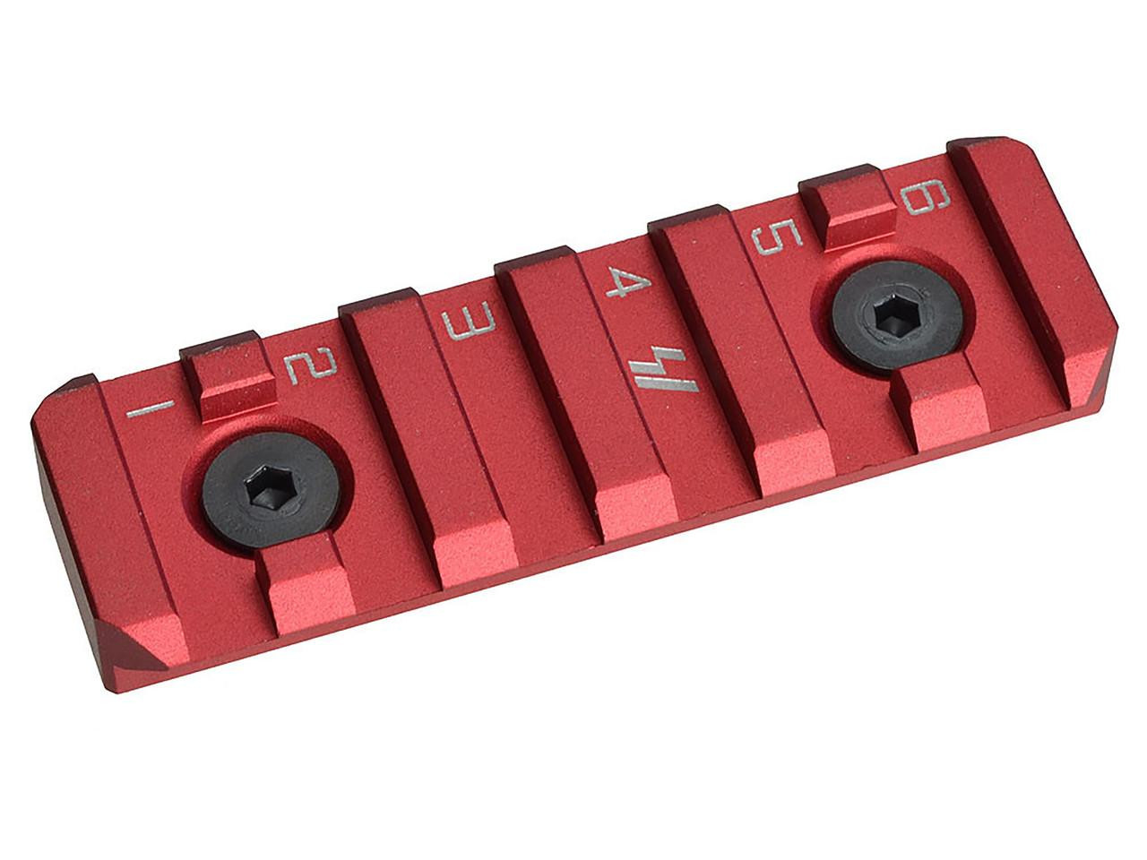 Strike Industries SI-LINK-RS-6-RED Link Rail Section 6 Slots, red color, designed to fit most KeyMod & M-Lok mounting surfaces for firearm accessories.