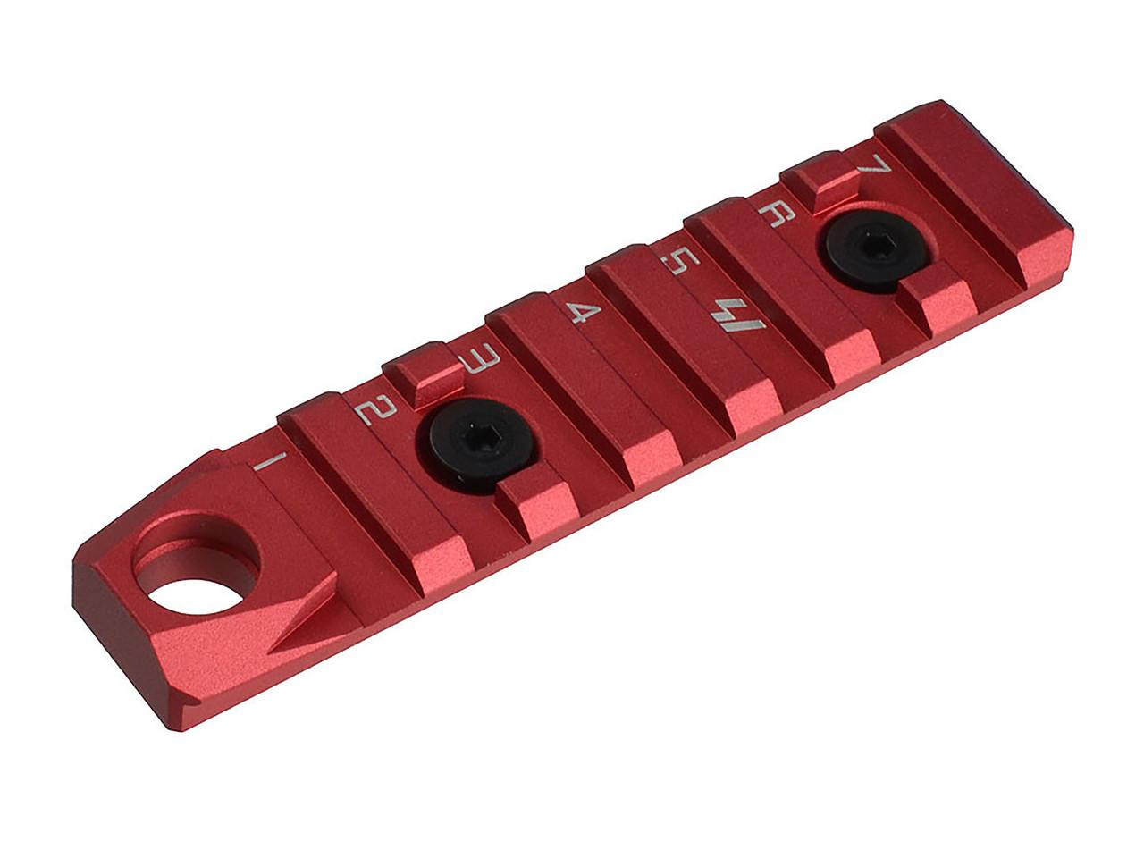 Strike Industries SI-LINK-RS-7-QD-RED Link Rail Section, Red, with seven slots, designed for KeyMod and M-Lok mounting surfaces, lightweight aluminum firearm accessory