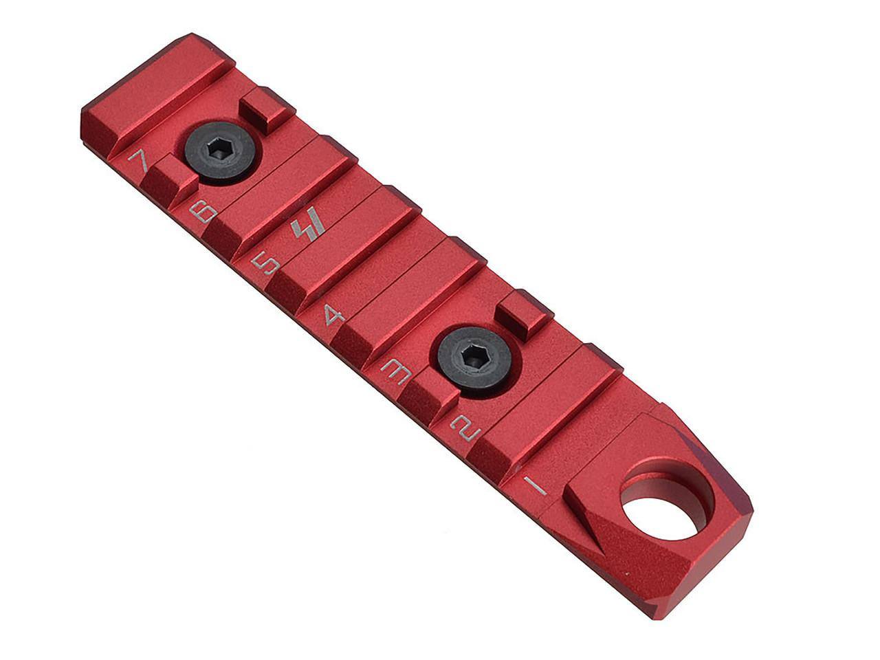 Strike Industries SI-LINK-RS-7-QD-RED Link Rail Section 7 Slots, red anodized aluminum mount with numbered slots for KeyMod and M-Lok systems.