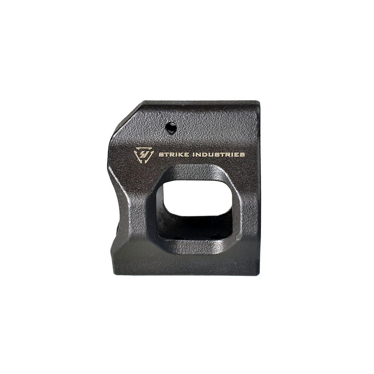 Strike Industries SI-AR-LPGB Enhanced Low Profile Steel Gas Block, close-up of the black, textured steel gas block with the Strike Industries logo and branding on it.