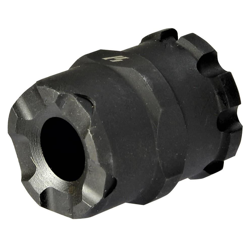 Strike Industries SI-XCOMP-TP X-Comp Thread Protector for CZ Scorpion, black metal threaded muzzle device with jagged edges.