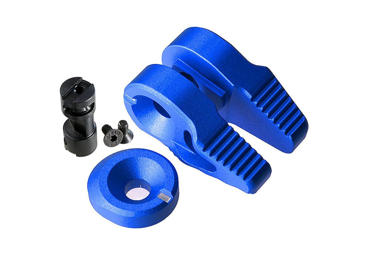 Strike Industries SI-AR-SS-FLIP-BLU Flip Switch in Blue, disassembled blue flip switch components with screws and mounting parts.