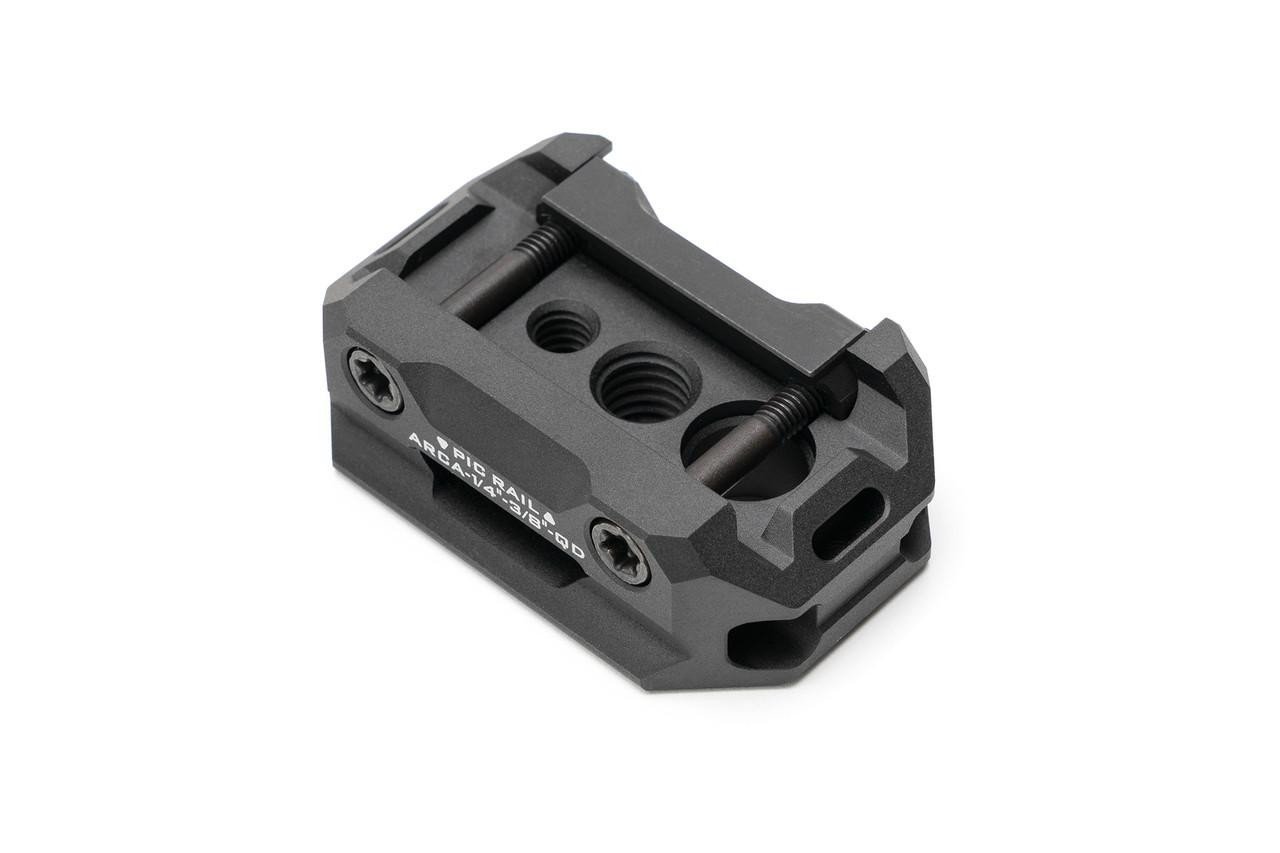 Strike Industries SI-ARCA-TRI-PADA-BK Picatinny to ARCA, 1/4, 3/8, QD adaptor, black, modular tripod quick-detach mounting adapter for firearms.
