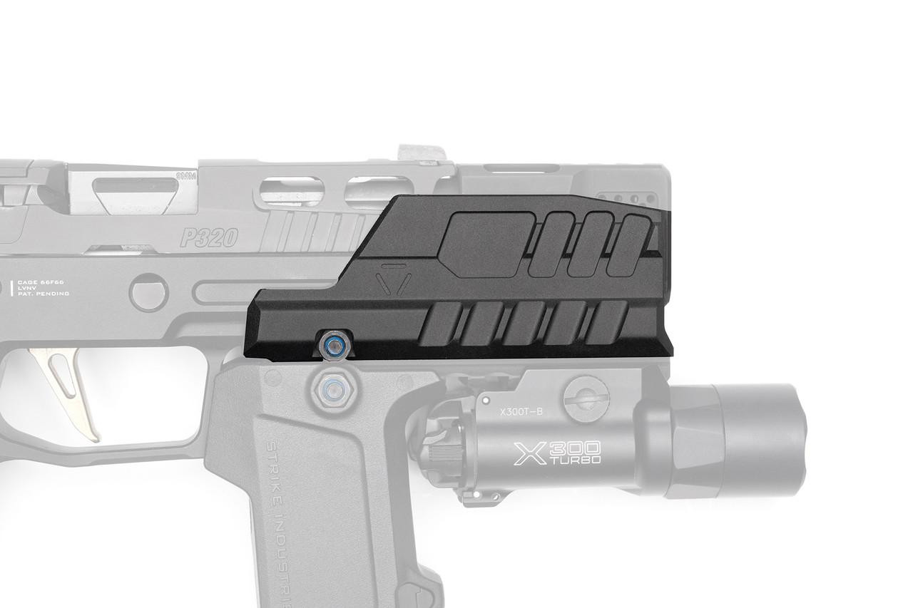 Strike Industries SI-SMC-BS-H Blast Shield for Modular Chassis (SMC) - ALPHA (Hyper), black blast shield mounted on a firearm.
