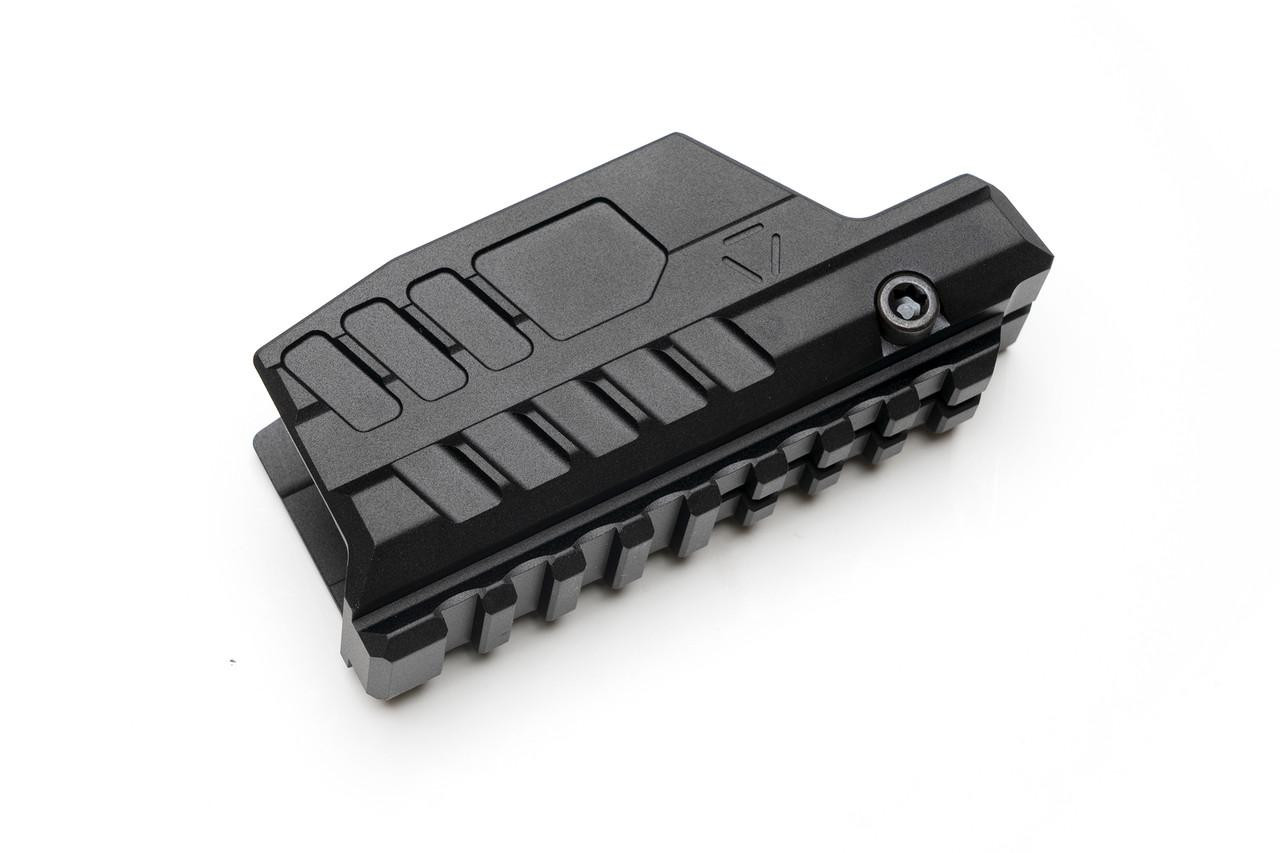 Strike Industries SI-SMC-BS-H Blast Shield for Modular Chassis (SMC) - ALPHA (Hyper), black rifle accessory with a rugged design and mounting features.