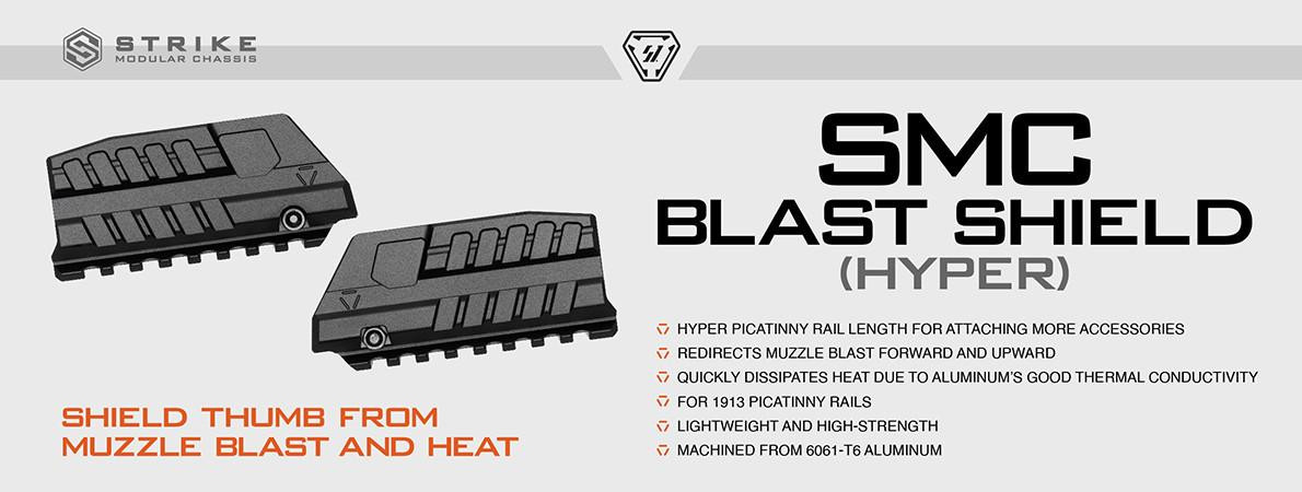 Strike Industries SI-SMC-BS-H Blast Shield for Modular Chassis (SMC) - ALPHA (Hyper), black metallic muzzle blast shield with textured surface and mounting slots.