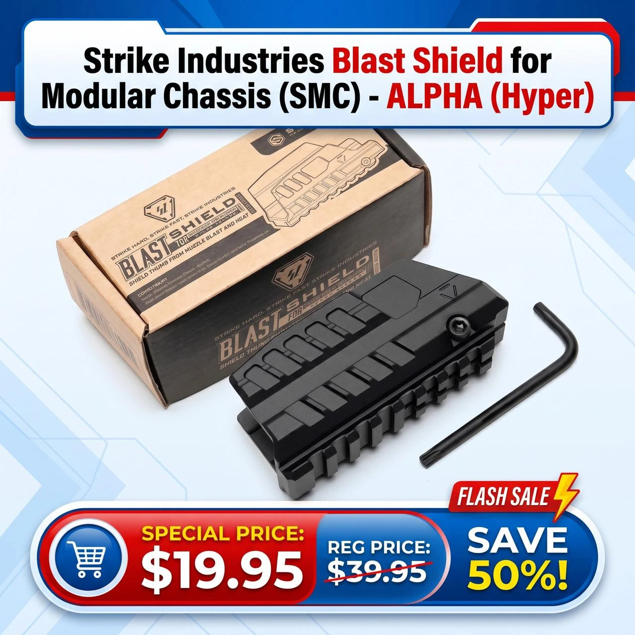 Strike Industries SI-SMC-BS-H Blast Shield for Modular Chassis (SMC) - ALPHA (Hyper), black blast shield with mounting rails and a hex key tool.