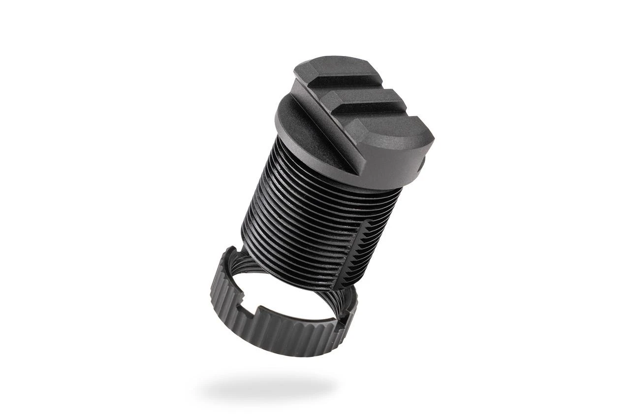Strike Industries SI-KV-PSA-BK KRISS Vector Picatinny Stock Adapter, black tactical firearm accessory with ribbed design and mounting mechanism.