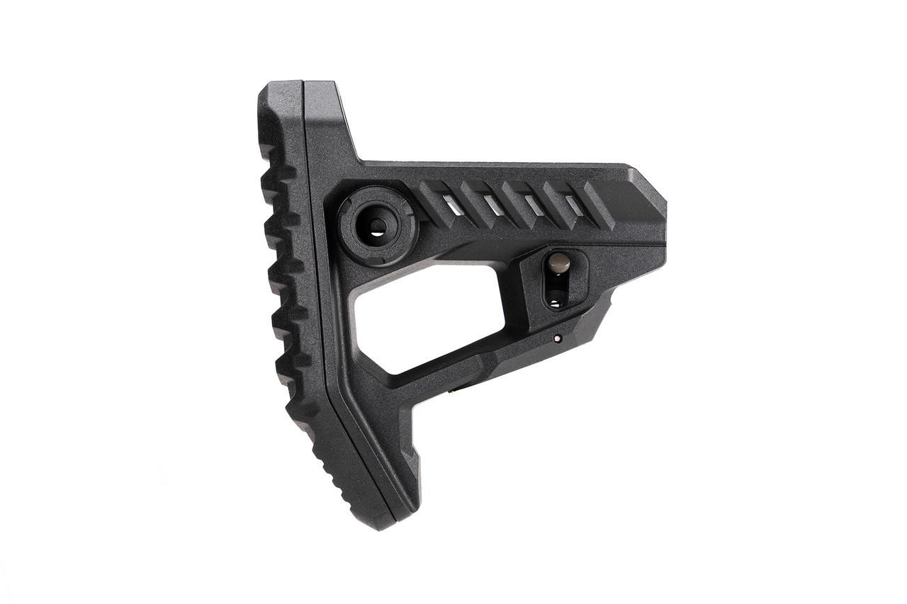 Strike Industries SI-STRIKE-POLY-PIT-BK Polymer Pit Stock, a black tactical stock for firearms with textured surface and ergonomic design.