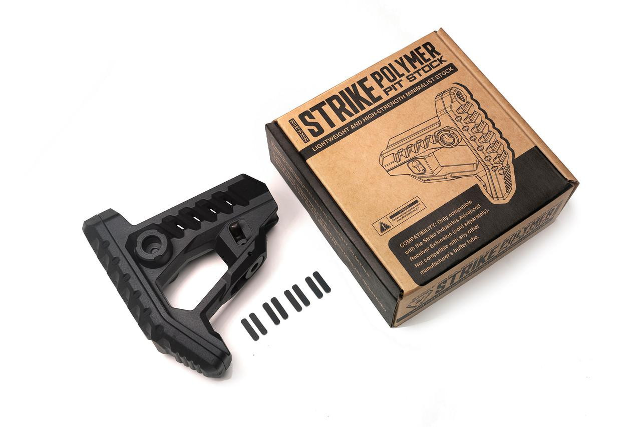 Strike Industries SI-STRIKE-POLY-PIT-BK Polymer Pit Stock, black lightweight tactical rifle stock with textured grip and adjustable features for firearms customization.