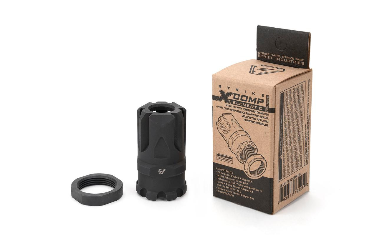 Strike Industries SI-XCOMP-EC X-Comp Element C for CZ Scorpion, black tactical recoil buffer for enhanced firearm performance.