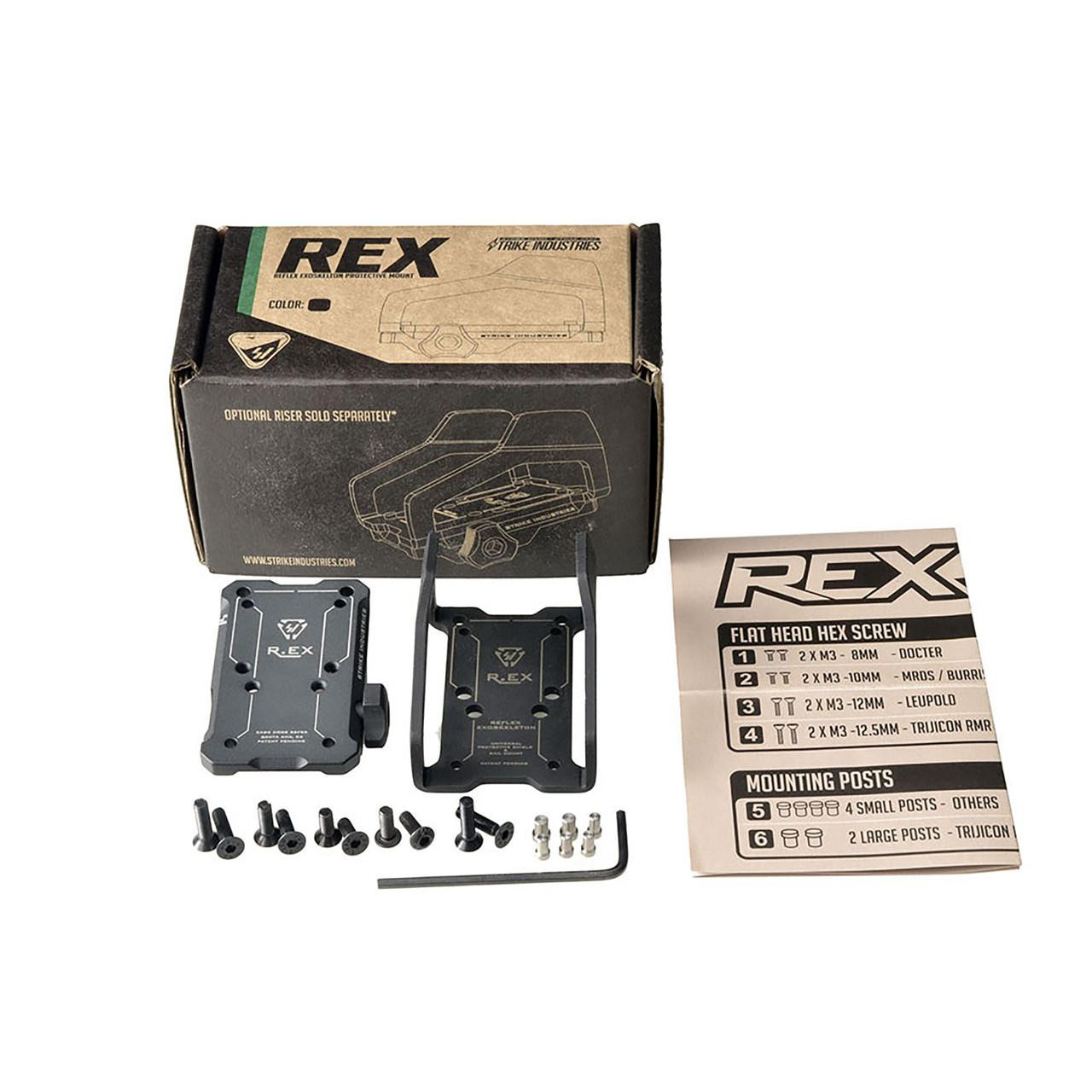 Strike Industries SI-REX Reflex Exoskeleton, compact black reflex sight mounts with mounting hardware and instruction manual for optical accessory.