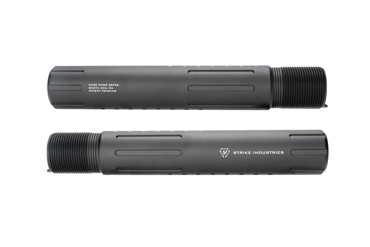 Strike Industries SI-AR-CARPRE-SLICK-BK Carbine Length Pistol Receiver Extension in Black, cylindrical firearm component with threaded end for attachment and engraved Strike Industries logo.