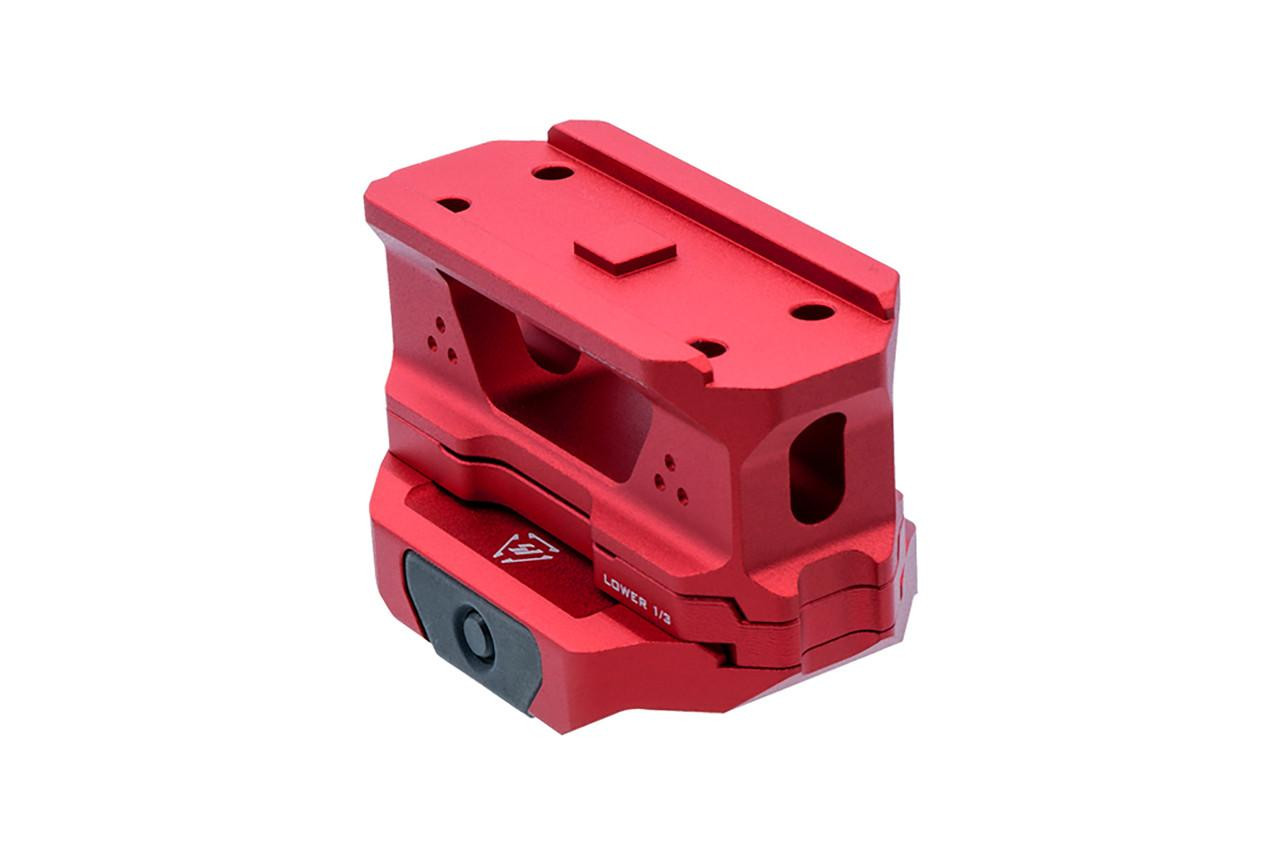 Strike Industries SI-T1-RISER-RED T1 Riser Mount in Red, a tactical mount accessory for firearms with a sturdy red aluminum construction and adjustable lower 1/2" height.