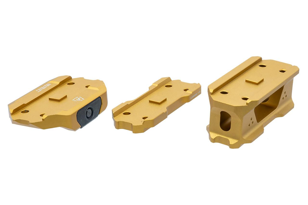 Strike Industries SI-T1-RISER-TITAN T1 Riser Mount in Titan, gold-colored tactical firearm accessory components.