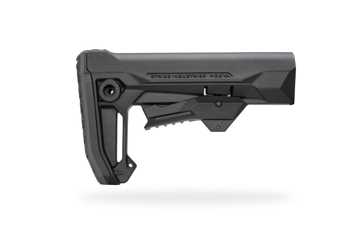Strike Industries SI-STRIKE-ES-MOD2-BK MOD2 Stock in Black, a tactical firearm stock with adjustable features and ergonomic design for enhanced stability.