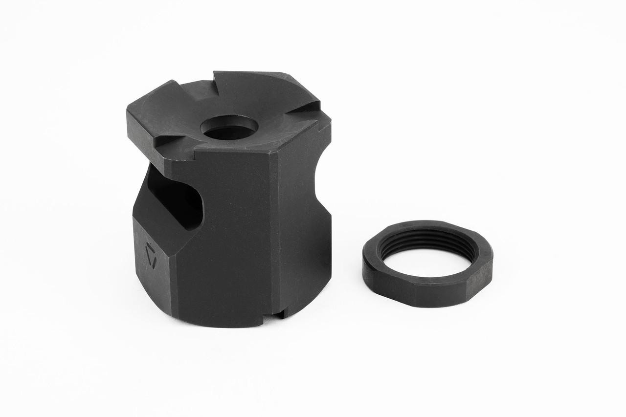 Strike Industries SI-XCOMP-CC-02 X-Comp Mini Cookie Cutter 02 for CZ Scorpion, black, compact firearm accessory part with accompanying thread nut.