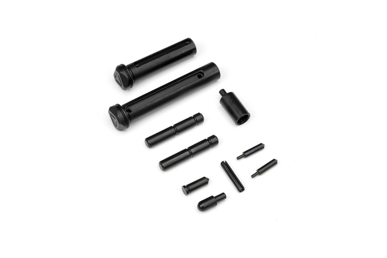 Strike Industries SI-AR10-E-LRPLT AR-10 Enhanced Lower Receiver Parts, black military-grade aluminum construction with multiple components for AR-10 platform minus trigger, hammer, and disconnector.