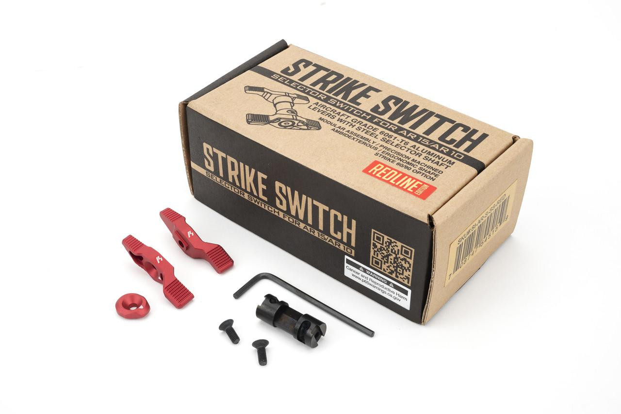 Strike Industries SI-AR-S-SS-RED Selector Switch in Red, with installation tools and packaging, for AR-15 rifles.