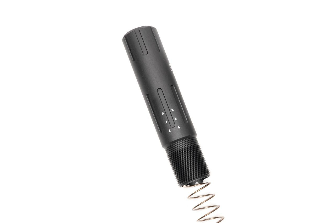 Strike Industries SI-AR-SPRE-SLICK-BK AR Short Pistol Receiver Extension Buffer Tube in Black, black buffer tube with spring attached.