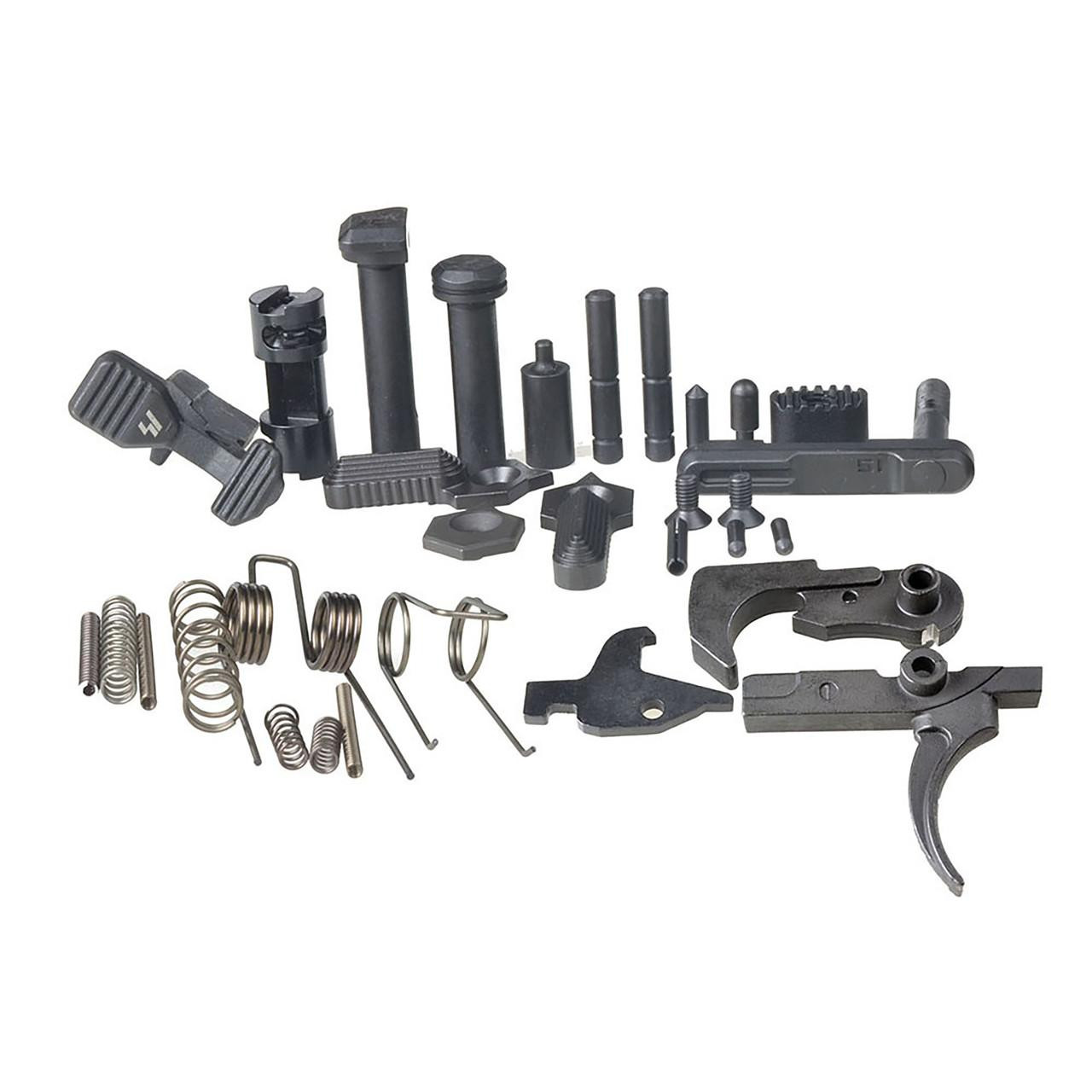 Strike Industries SI-AR-E-LRPTH AR Enhanced Lower Receiver Parts with Trigger, Hammer and Disconnector, firearm lower parts kit with various black metal components and springs.