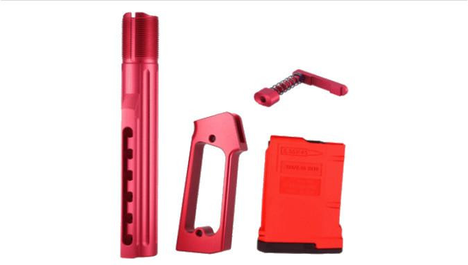  JE Machine Tech USA Made Red Fluted Buffer Tube, Pistol Grip, Mag Release & 223/5.56 Rifle 10 Round Magazine Combo 