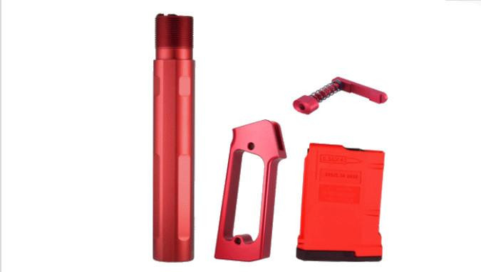  JE Machine Tech USA Made Red Fluted Pistol Buffer Tube, Pistol Grip, Mag Release & 223/5.56 Rifle 10 Round Magazine Combo 
