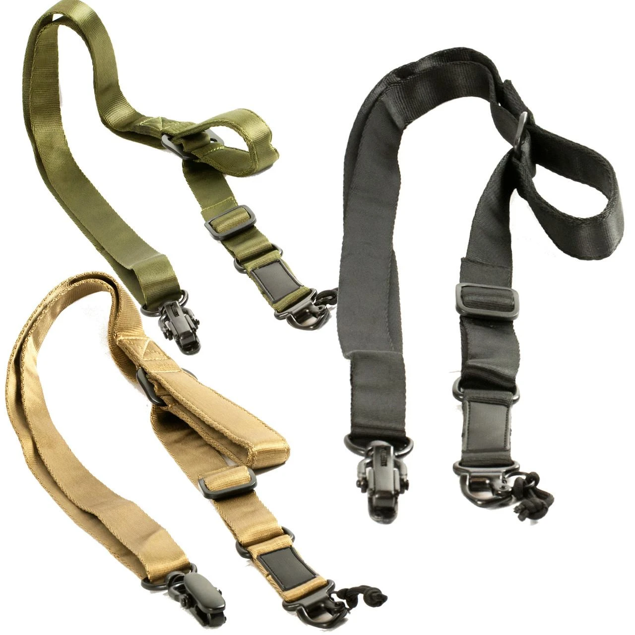 JE Machine Tech Quick Detach Convertible 1 Pt 2 Pt Sling / 3 Colors (TS-SL5), three adjustable slings in black, green, and tan colors with quick release buckles and metal clips for versatile lifting applications.