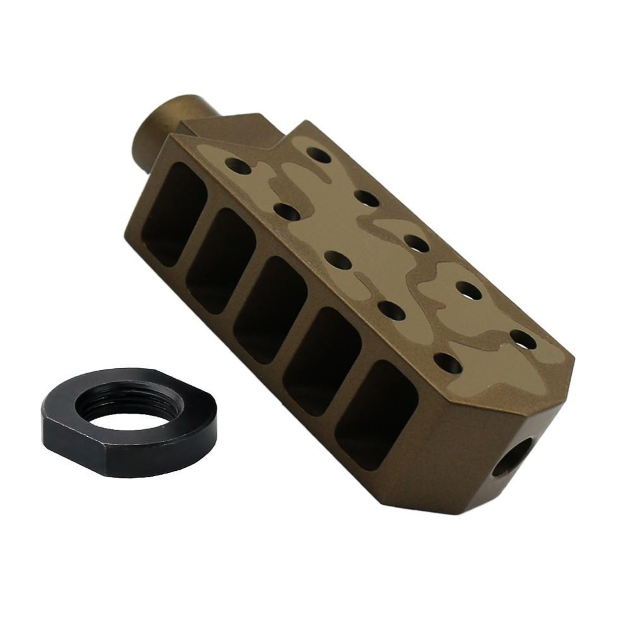  Tiger Rock Inc. MBR62LONG-BBR-CAM+JN2 CERAKOTE CAMO| AR-15/.223/5.56 Barrett Style "Tanker" Extended Length Muzzle Brake with Jam Nut| Flat Dark Earth and Burnt Bronze 