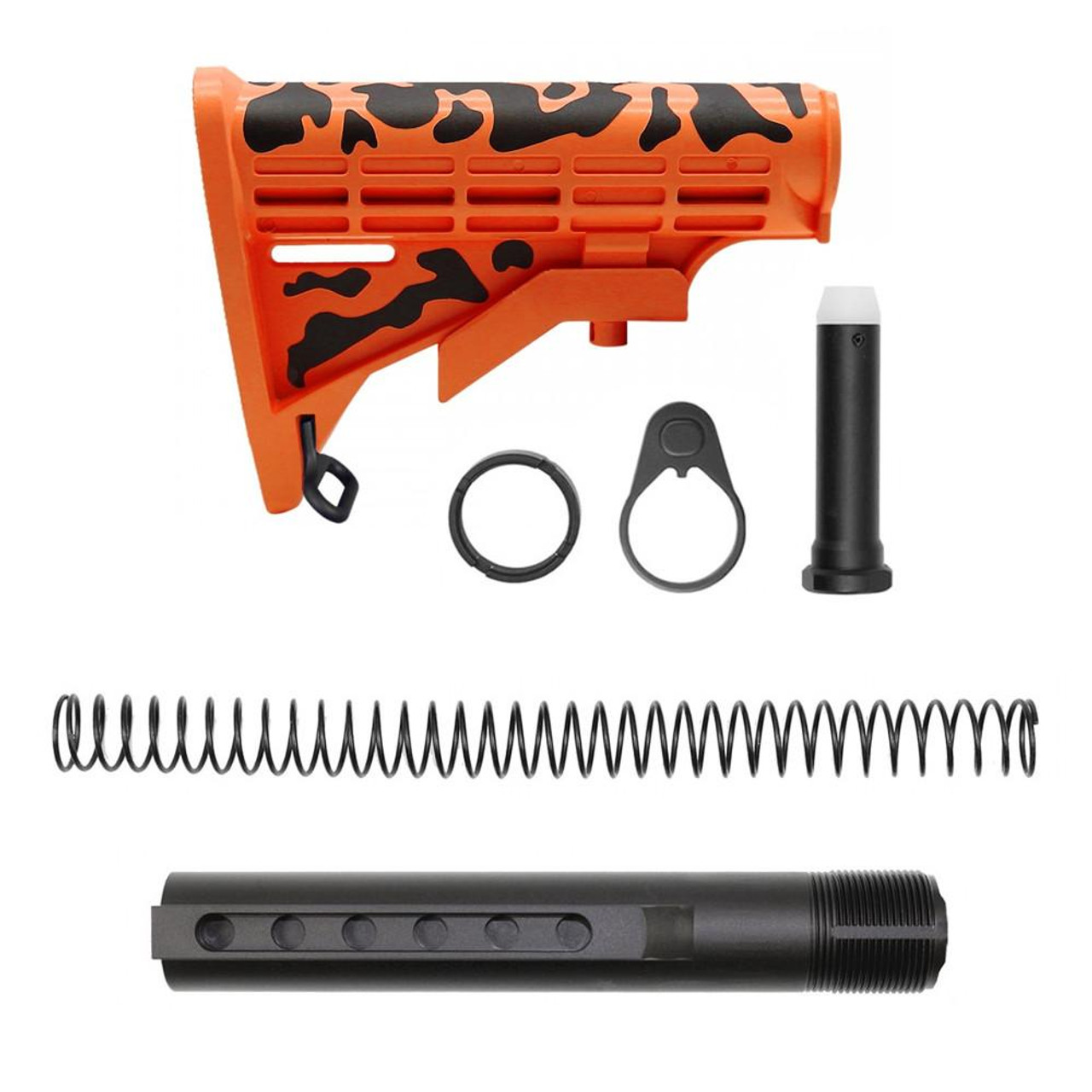  Tiger Rock Inc. ST003M-ORG-CAM+ST007M CERAKOTE CAMO|AR-15 .223/5.56 Collapsible Carbine Stock - Black And Hunter Orange| W/ 6-Position Buffer Tube Kit | Mil-Spec 