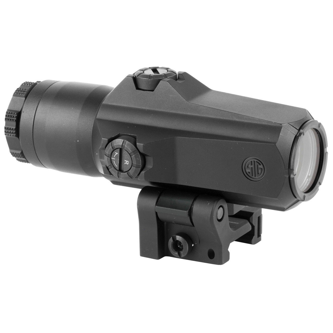 Sig Sauer JULIET6 6X24 Magnifier with QR Mount, precision optics for close to intermediate ranges, black tactical magnifier with adjustment dials and mounting bracket.