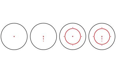 Sig Sauer Romeo5 Gen II Elite Red Dot Sight - SOR5105, four reticle examples showing different aiming points with red markings on white backgrounds.