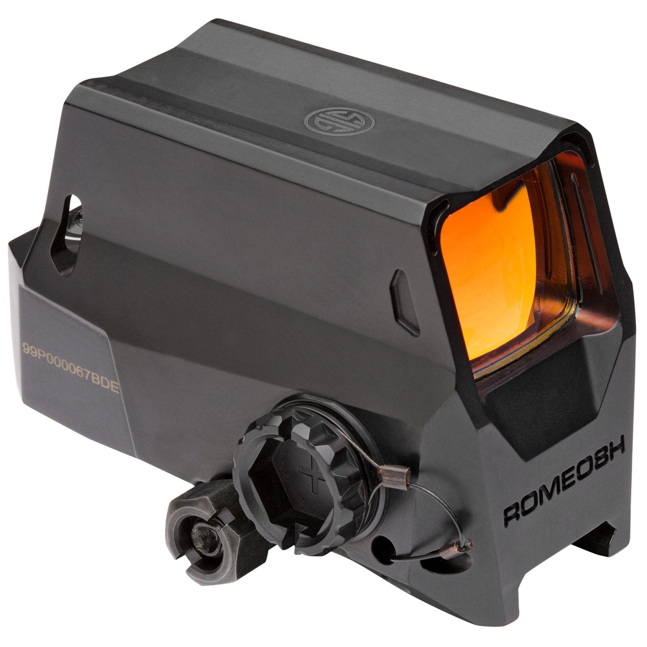 Sig Sauer SOR81001 ROMEO8H 2MOA CIR DOT BLK - Superior Precision Optics for Professionals, tactical rifle scope with orange-tinted lens and adjustable dials.
