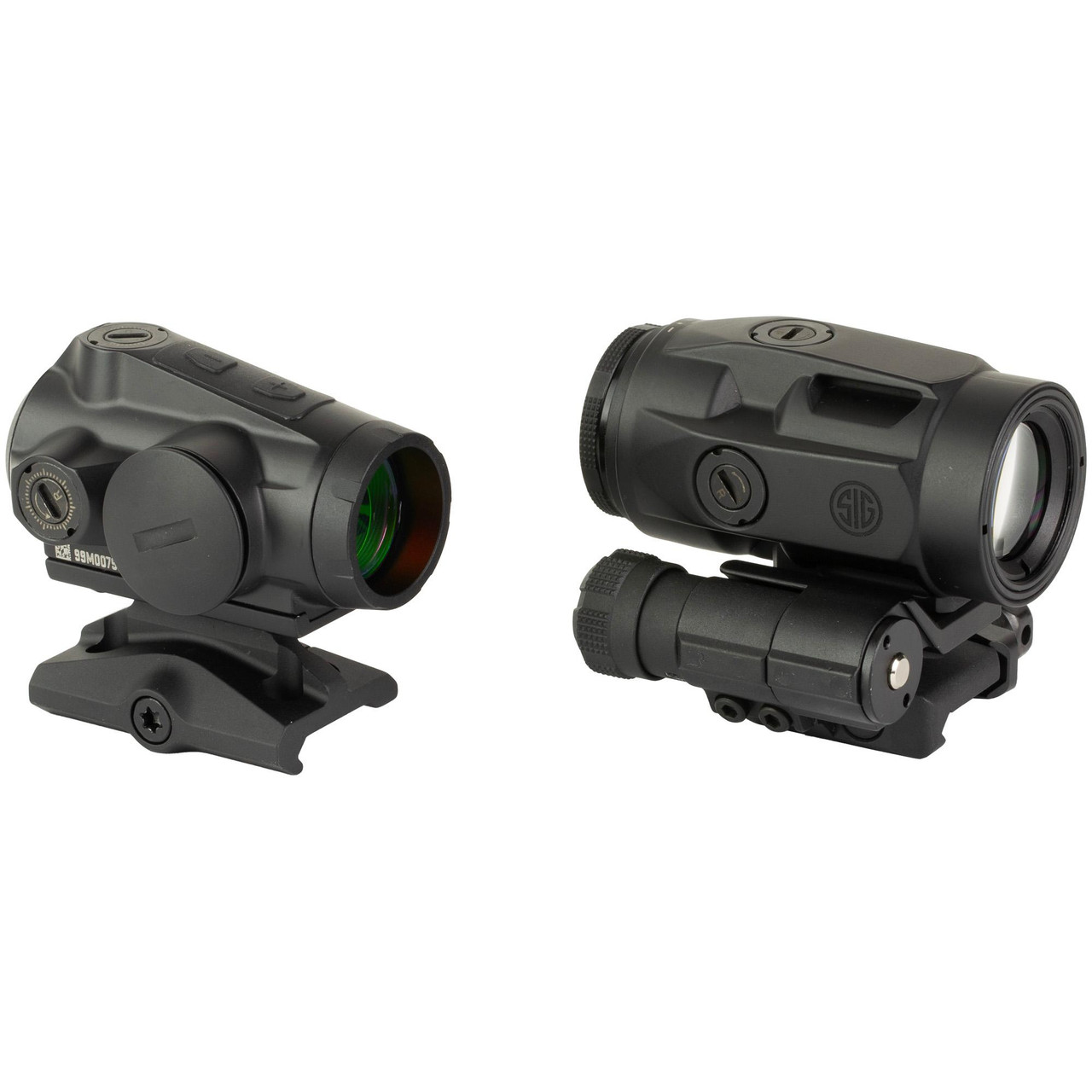 Sig Sauer SORJ5101 ROMEO5 GEN II Red Dot Sight & JULIET3 Magnifier Combo, compact precision optics for MSR rifles featuring a black red dot sight and a magnifier with adjustable mounts.