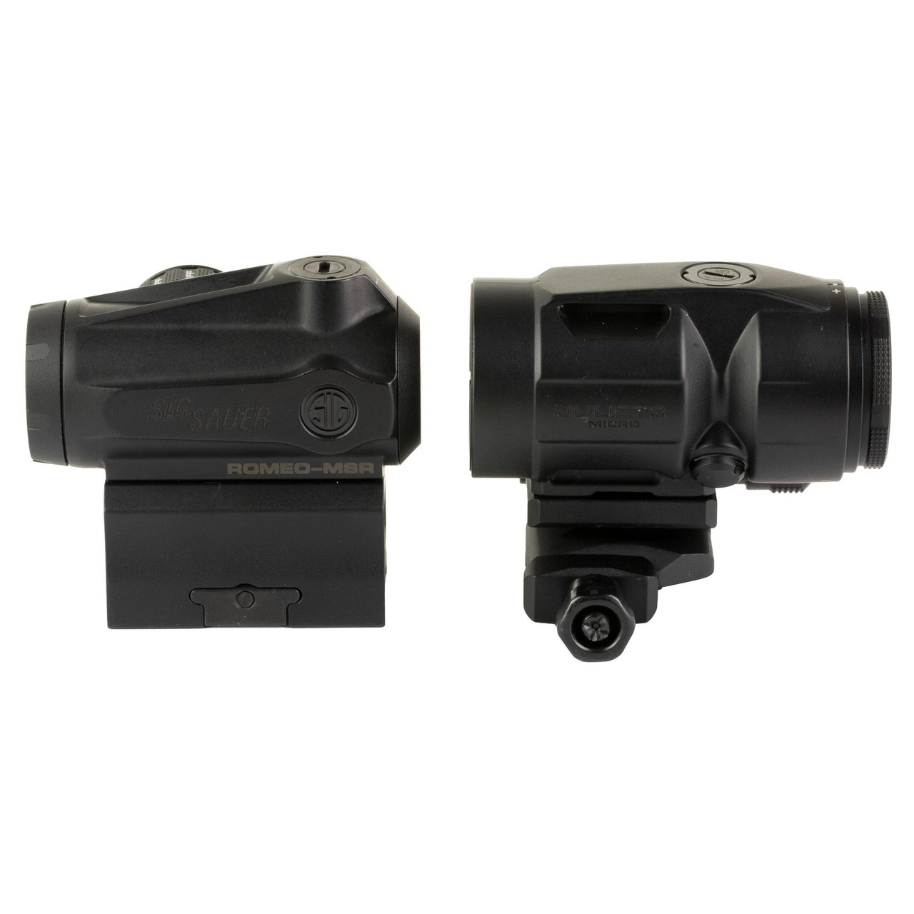 Sig Sauer SORJMSR101 ROMEO-MSR GEN II Red Dot Sight with J3 Magnifier, durable and versatile optics for firearms with two black tactical sight devices shown, one with a J3 magnifier attachment.
