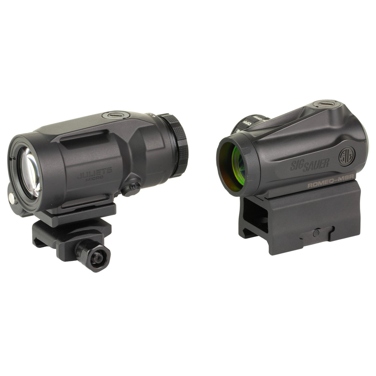 Sig Sauer ROMEO-MSR GEN II Red Dot Sight with J5 Magnifier, enhanced MSR performance, black tactical optics with adjustable mounts.