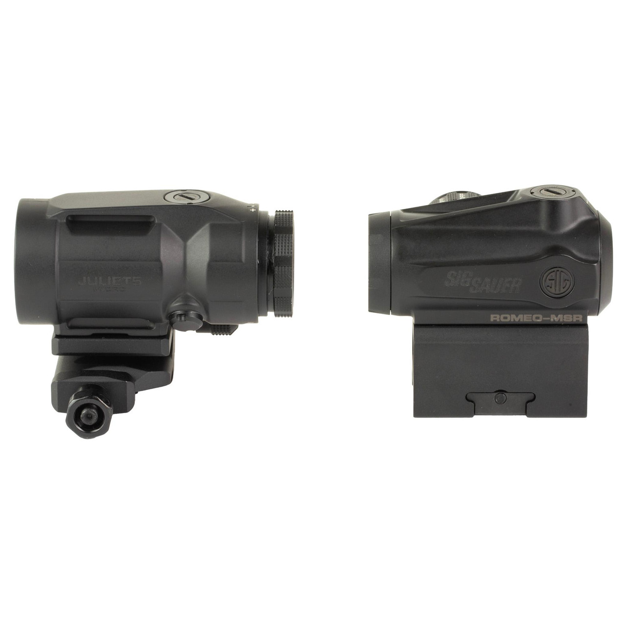 Sig Sauer ROMEO-MSR GEN II Red Dot Sight with J5 Magnifier, tactical firearm sighting system with adjustable mounting bases.